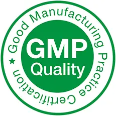 Green GMP Quality certification seal for Good Manufacturing Practices.