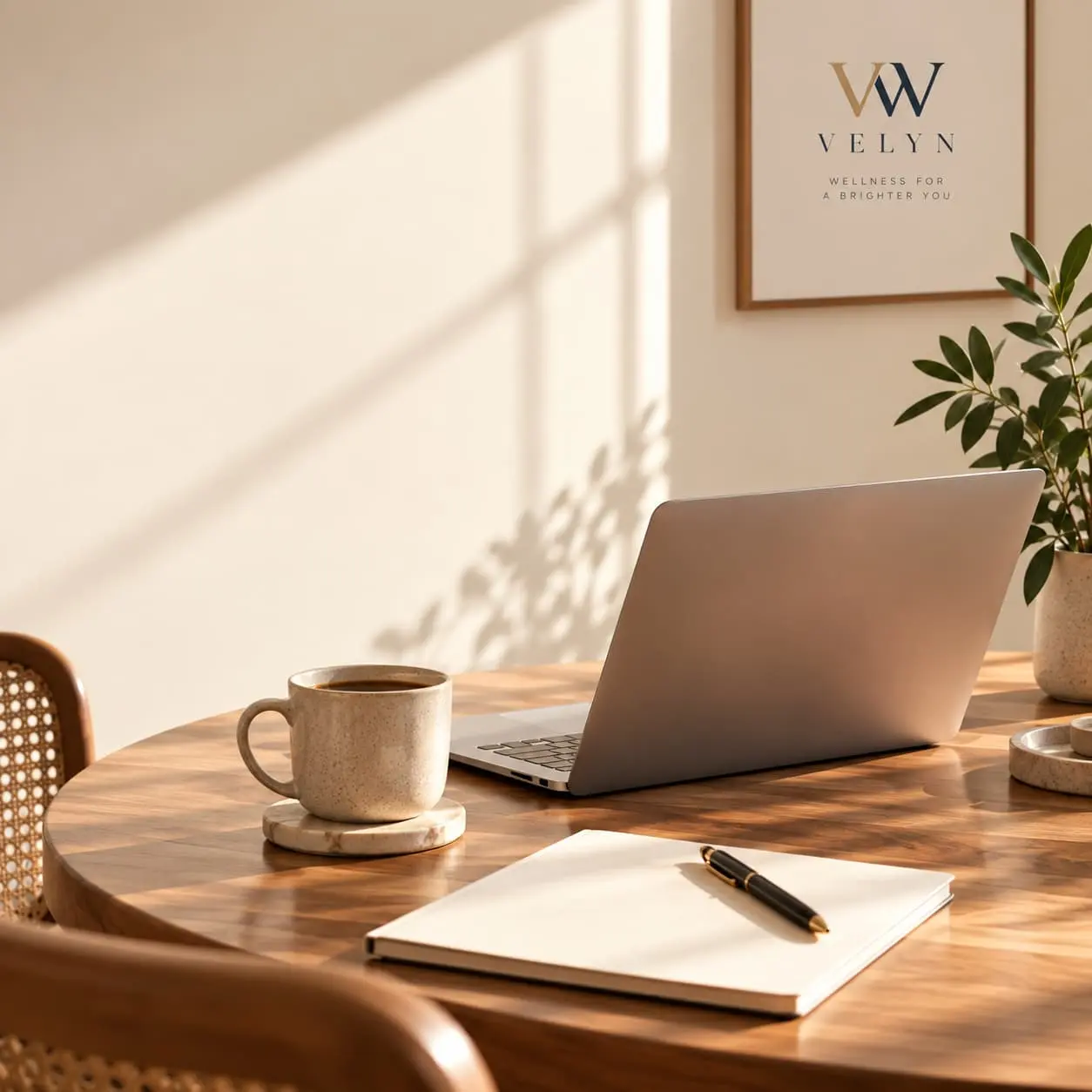 Minimalist workspace with a laptop, coffee mug, notebook, and Velyn wellness branding.